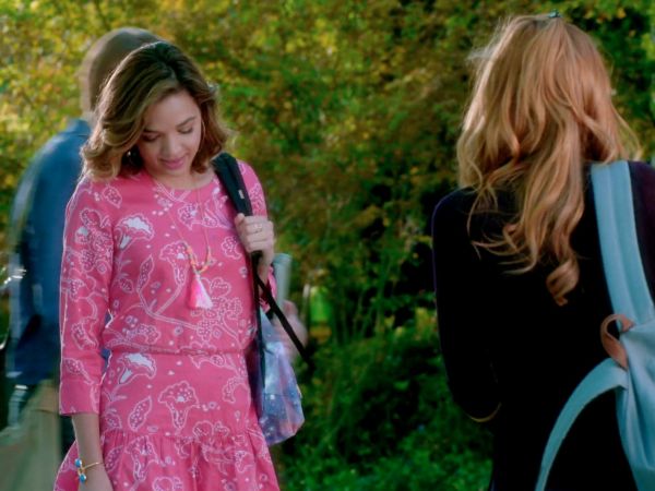 Cassandra Perkins' Pink Printed Dress on Famous In Love