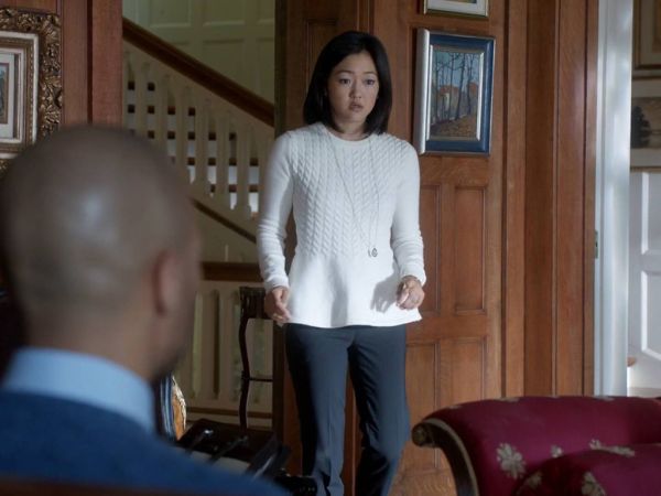 Catherine Hapstall's Mereda Cable-Knit Peplum Sweater, Natural on How to Get Away With Murder