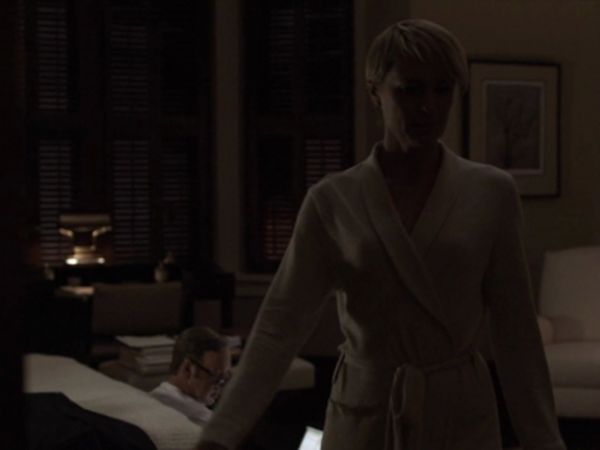 Claire Underwood's Chevron-Knit Long Cashmere Robe, Ivory on House of Cards
