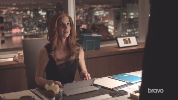 Donna Paulsen's Clairvale lace-paneled crepe midi dress on Suits