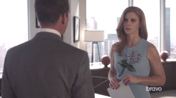 Donna Paulsen's Hydrangea Embellished Flounce-Hem Dress on Suits