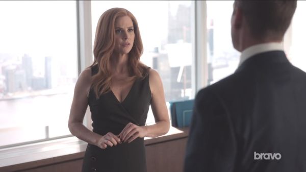 Donna Paulsen's Stretch Twill Pencil Dress with Asymmetrical Buttons on Suits