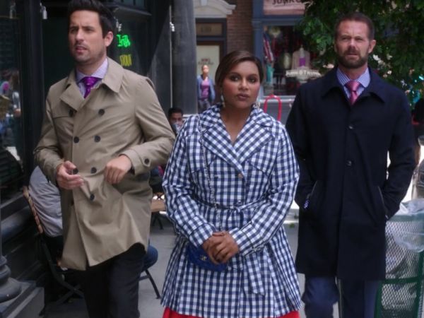 Dr. Mindy Lahiri's Cloud Gingham Trench Coat, Blue/Black/White on The Mindy Project