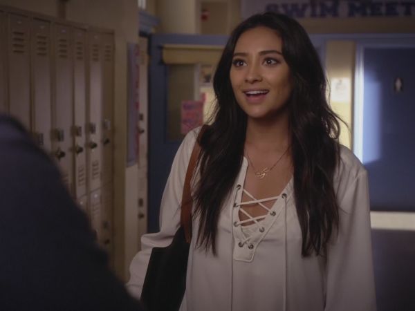 Emily Fields' White Lace-Up Top on Pretty Little Liars