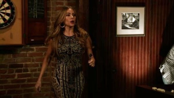 Gloria Pritchett's Cap-Sleeve Leopard/Striped Sheath Dress on Modern Family