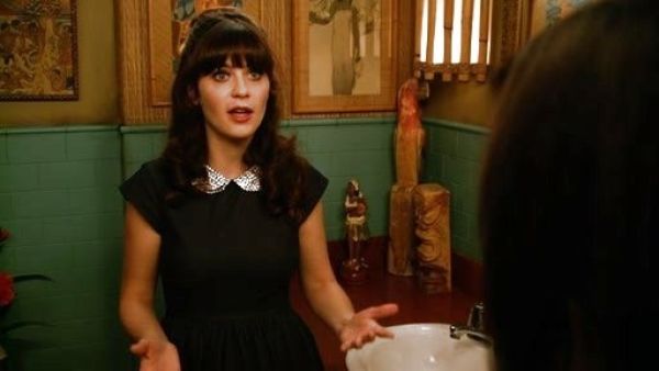 Jess Day's 'kimberly' embellished denim fit & flare dress on New Girl