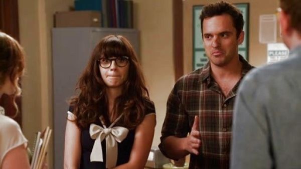 Jess Day's navy blue swag dress on New Girl
