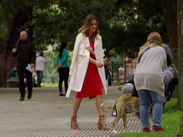 Jojo Fletcher's Red Scalloped Dress and Lace Up Suede Sandals on The Bachelorette