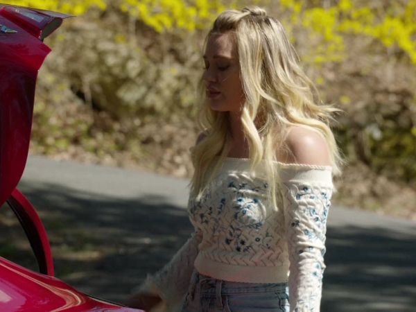 Kelsey Peters's Bella Embellished Lace Knit Off The Shoulder Sweater on Younger