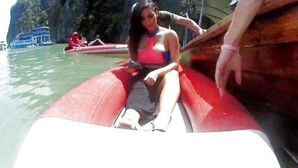 Kim Kardashian's Swimsuit The Highneck Tube Top in Blue and Black on Keeping Up With The Kardashians