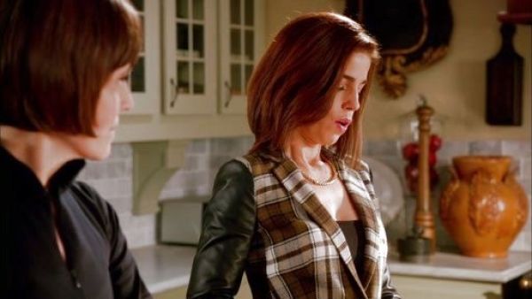 Marisol Suarez's Leather Sleeves One Button Plaid Jacket on Devious Maids