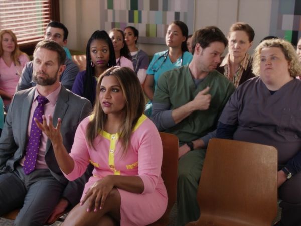 Mindy Lahiri's Pink and Yellow Button Front Ribbed Sweater and Skirt on The Mindy Project