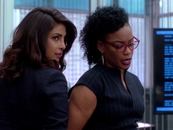 Miranda Shaw's Doppio-Pinstriped Split Neck Sheath Dress on Quantico