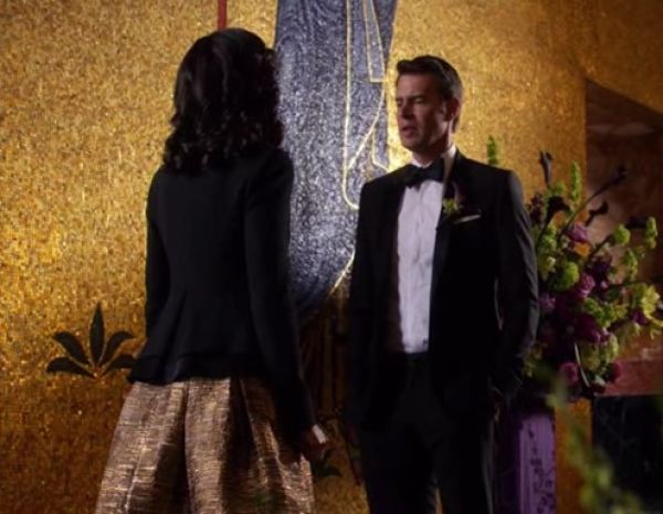 Olivia Pope's Sleeveless Scoop-Neck Metallic Matelasse Dress, Dark Gold on Scandal