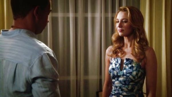 Petra Solano's leaf print fitted dress on Jane the Virgin