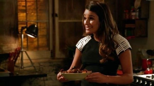 Rachel Berry's Slashed Shoulder Contrast Silk Top on Glee