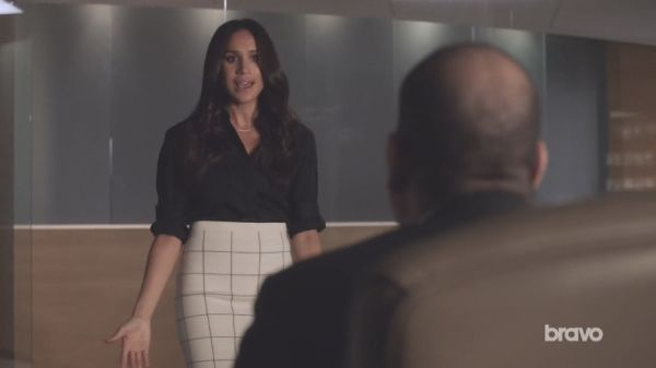 Rachel Zane's grid knit pencil skirt on Suits