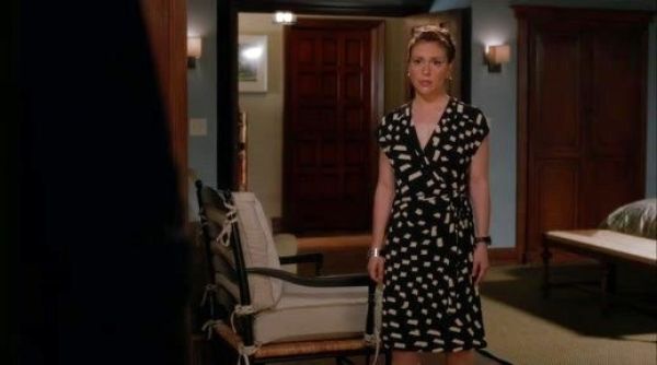 Savi Davis's Black Print Crepe Wrap Dress on Mistresses