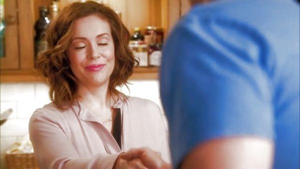 Savi Davis's Contrast-Placket Silk Blouse on Mistresses