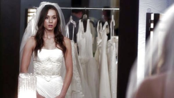 Spencer Hastings's Crinkle Chiffon Gown with Asymmetrical Draping on Pretty Little Liars