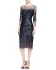 3/4-Sleeve Sequined Illusion-Trim Sheath Dress