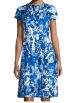 Floral-Print Pleated Short-Sleeve Dress, Lapis Blue
