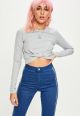 Grey Knot Front Long Sleeved Crop Top