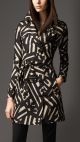 Mid-Length Geometric Print Silk Trench Coat