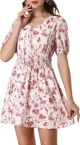 Allegra K - Floral V Neck Puff Short Sleeve Dress, Smocked Tie