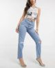 ASOS - Farleigh - High-Waisted Slim Mom Jeans with Ripped Knees and Distressed Patchwork Effect - Vintage Light Wash