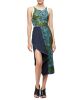 Sleeveless Floral Dress w/ Striped Trim, Leaf/Hydro