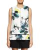 Sleeveless Ikebana-Print Blouse, White/Blue/Green