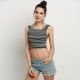 Finejo - Short Striped Backless Sleeveless Round Neck Slim Crop Top